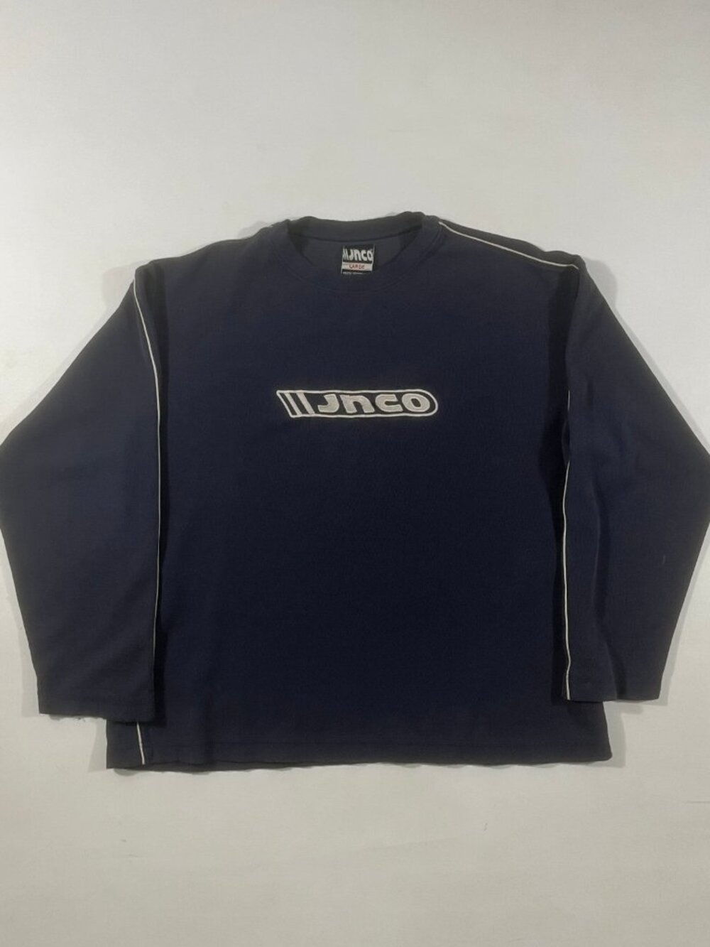 Vintage Y2K JNCO Industries Navy Embroidered Spellout Long Sleeve Skater Shirt L